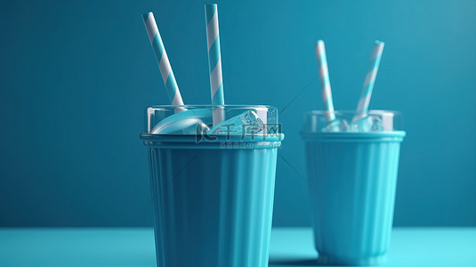 蓝色冰水背景背景图片_蓝色背景和带吸管的 3d 饮料图标