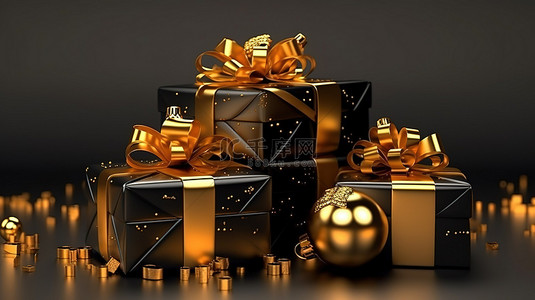 装饰有金色装饰的节日礼品盒的迷人 3D 效果图