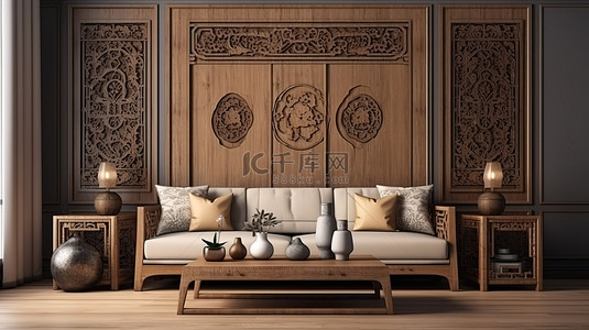 客厅灵感 3D 渲染中式主题沙发，木质装饰