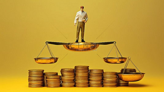 有钱人生活背景图片_钱币和员工在天平秤旁边的 3D 渲染
