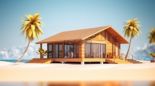 日光浴背景图片_带热带建筑的日光浴木制海滨别墅的 3D 插图