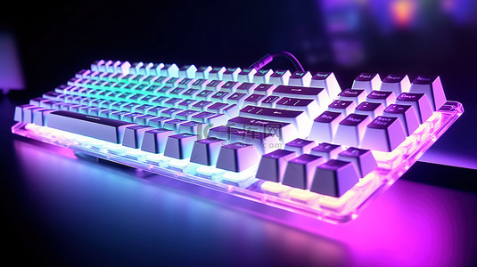 游戏体验背景图片_带 RGB 灯和背光的白色 PC 键盘，提供游戏体验 3D 渲染