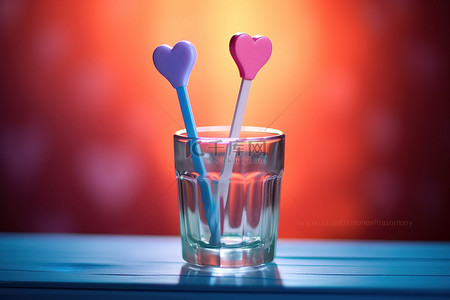 蓝色玻璃杯中的牙刷，旁边是写着爱的标语