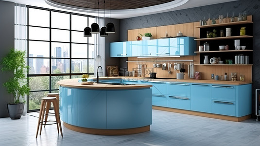 岛台背景图片_时尚的蓝色厨房，带岛台 3D 表示