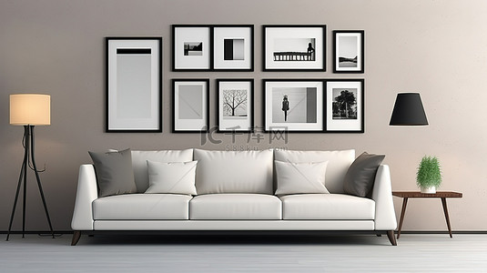 现代生活空间，配有时尚的沙发家具和数字渲染相框的画廊墙