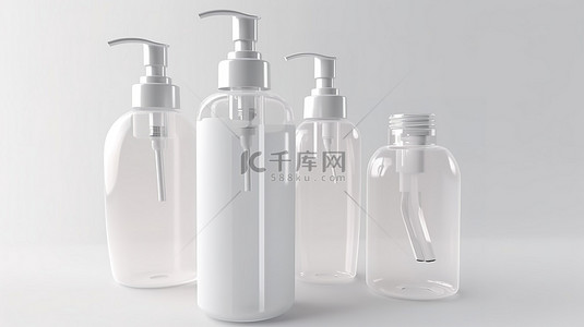 带分配器泵的白色透明塑料瓶隔离 3D 渲染