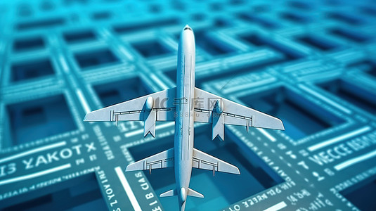 飞机在蓝色天际线上翱翔，白色十字路口标牌指示多个方向，在 3D 渲染图像中描绘旅行主题