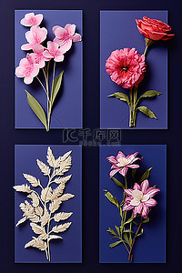 四张花的图片以六种倾斜方式排列并放在一边