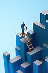 一个微型建筑工人看着木制建筑梯子