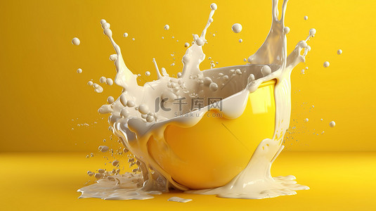 黄色背景增强了 3d 渲染的牛奶飞溅