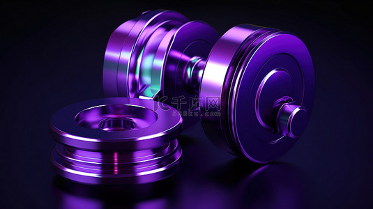健身和运动器材 3D 插图紫色金属哑铃，配重盘在匹配的背景上