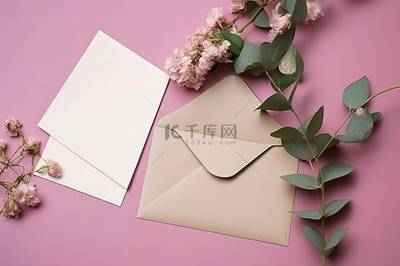 一张卡片，信封旁边有桉树和鲜花