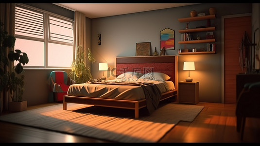 豪华酒店卡通背景图片_舒适卧室的 3D 渲染，配有床桌窗和门