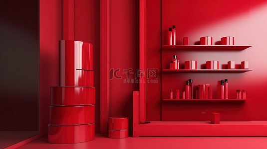 红墙时尚化妆品的简约显示 3D 渲染