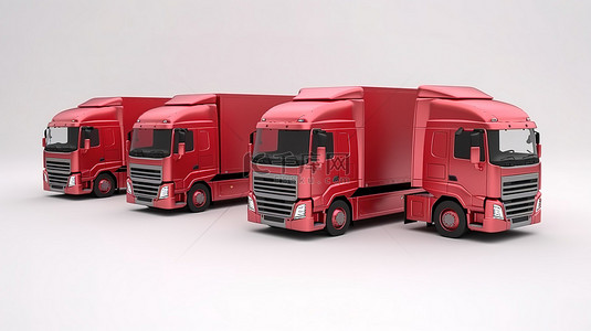 交付物流三辆红色卡车在 3d 渲染在白色背景