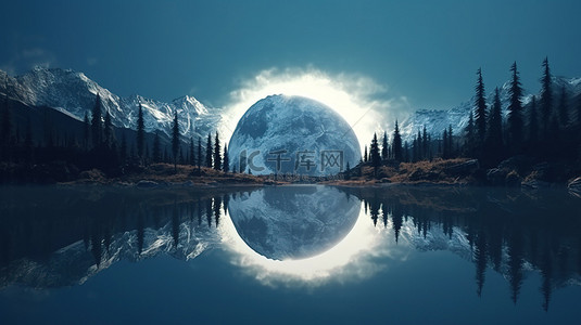 幽灵般的万圣节场景 3D 插图，镜面阴影满月在蓝天上，山反射