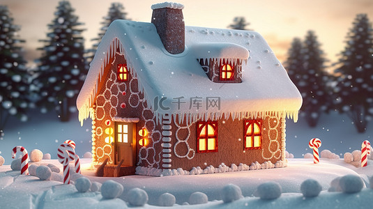 冬季仙境 3D 渲染姜饼屋，配有节日圣诞节装饰