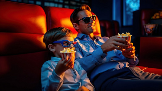 爸爸和儿子在电影之夜戴着 3D 眼镜和爆米花加深感情