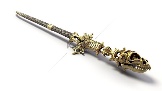 白色背景上带有头骨和金色装饰的长剑的精美 3D 插图