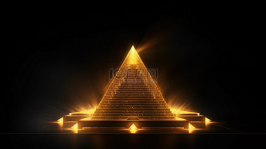 抽象黑暗环境中发光金色金字塔的 3D 渲染