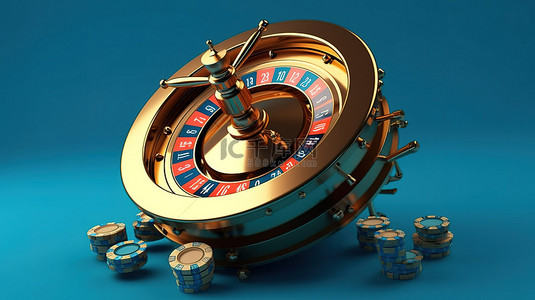 蓝色背景上在线轮盘赌轮和老虎机的真实 3D 渲染