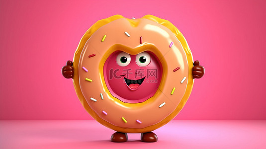 粉红色釉面甜甜圈吉祥物的 3D 渲染，在欢快的黄色背景上有一个大草莓和红色盾牌
