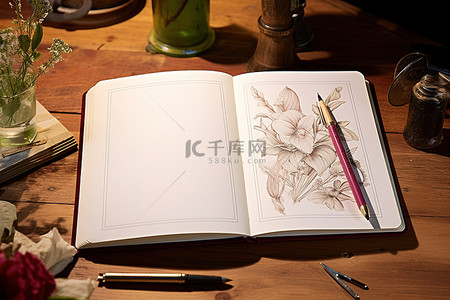 乐观的背景图片_桌上有一本打开的笔记本，上面有钢笔和墨水