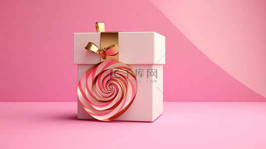 别致而简单的礼品盒展示，在柔和的粉红色背景 3D 渲染上带有金色螺旋丝带