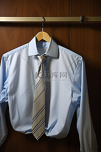 衬衫礼服背景图片_白色和灰色礼服衬衫，柜子里有蓝色领带