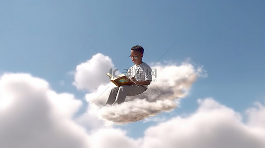 读书快乐快乐读书背景图片_非洲男子坐在天空中的云上沉迷于文学 3d 渲染