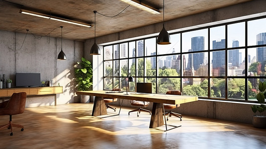 办公家具企业背景图片_舒适别致的联合办公空间，拥有令人惊叹的景观混凝土和木质内饰自然光和功能性家具 3D 渲染