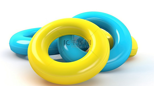 夏季游泳圈背景图片_隔离在蓝色和黄色游泳圈的白色 3D 渲染上
