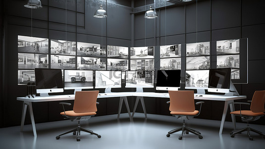 工作装短袖背景图片_虚拟会议在行动 3d 呈现工业工作区与计算机屏幕视频会议