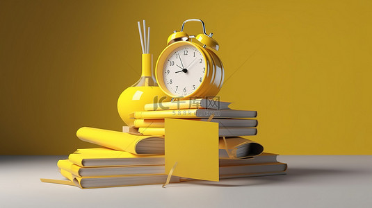 设计课程背景图片_黄色闹钟的教育主题 3d 渲染，带有一摞书供您设计模型