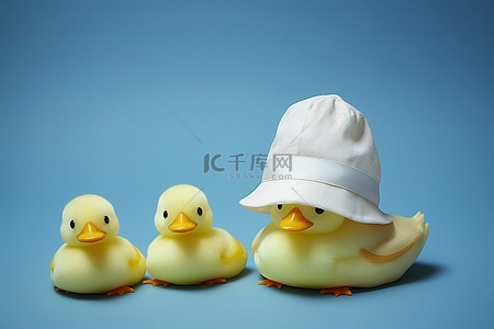 蓝色背景中的一群鸭子和婴儿帽