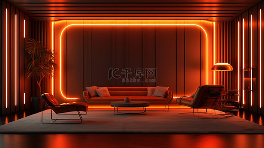 具有充满活力的橙色霓虹灯的生产陈列室的 3D 渲染