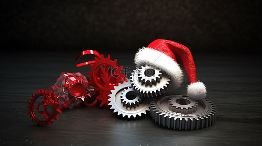 节日齿轮和礼物 3D 渲染的圣诞节概念，带有圣诞老人帽子和复制空间