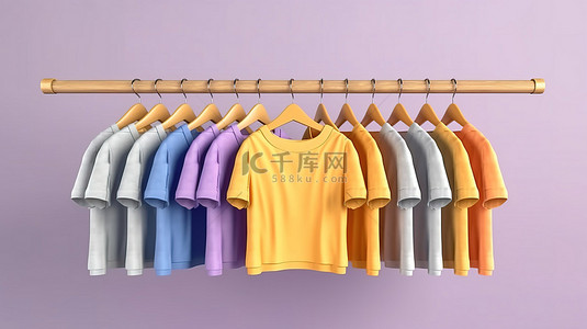 机架 3D 渲染上显示的各种柔和紫色和长春花色调的 T 恤