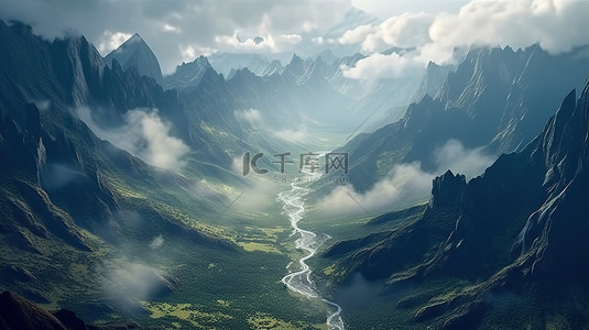 山蓝背景图片_3D 渲染背景，具有云雾笼罩的山景