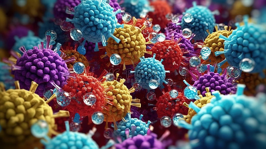 中性背景下充满活力的病毒细胞 3D 抽象设计