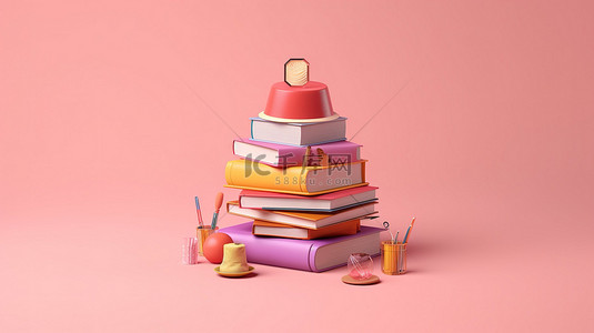 回到学校 3D 书籍和帽子在粉红色背景现代平面设计等距教育概念