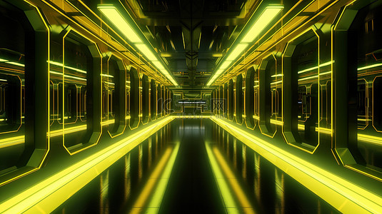 具有 3D 反射的未来霓虹黄灯空间走廊