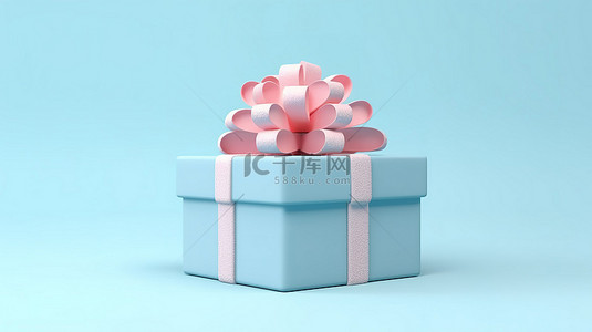 礼品盒子简约背景图片_柔和的蓝色背景，带云和礼品盒，3D 渲染中的简约创意概念