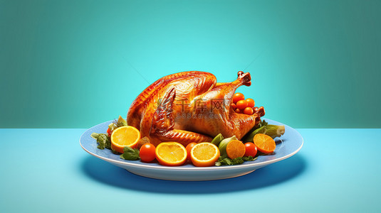 感恩节横幅，上面有一只在盘子上煮熟的火鸡的 3D 插图