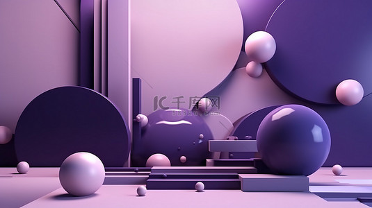 淡色科技背景背景图片_充满活力的 3D 渲染紫色抽象极简主义与动态飞行物体和形状