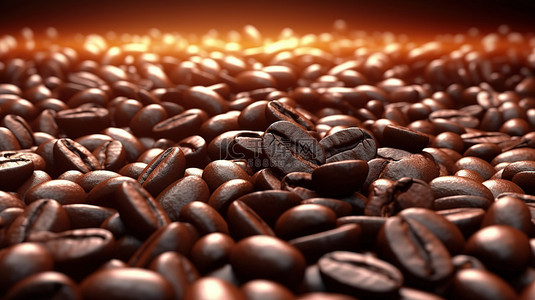 以新鲜烘焙的咖啡豆为背景的充满活力的 3D 插图