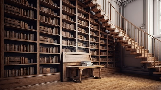 经典木制图书馆中的教育书籍和学习空间的 3D 插图