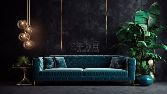 现代生活空间，配有沙发绿化时尚深蓝色大理石墙壁上的桌子和灯 3D 渲染