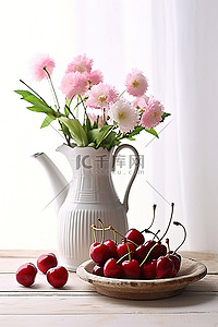 木头风筝背景图片_樱桃和花罐