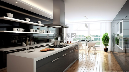 白色窗户背景图片_3d 渲染现代厨房室内设计